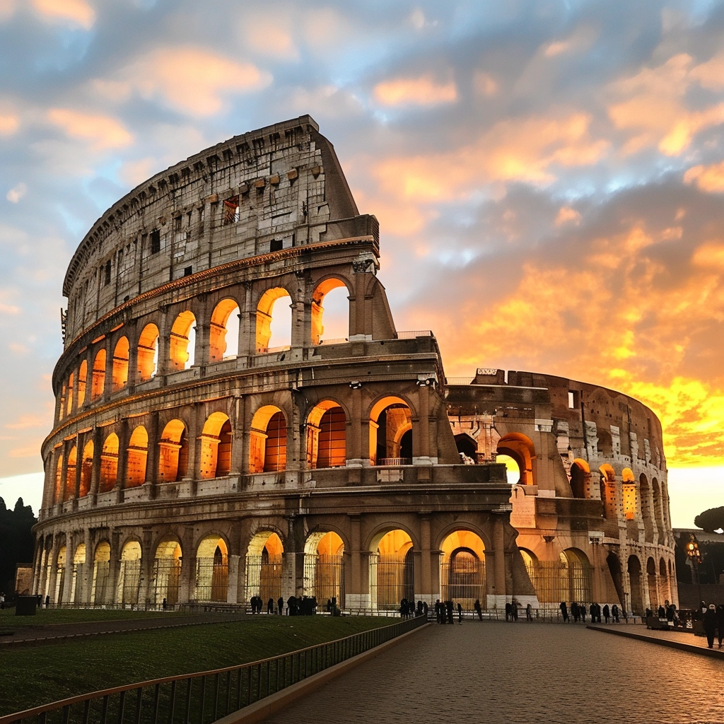 Sunset casting golden hues over The Colosseum, highlighting the enduring beauty and historical significance of this iconic landmark.