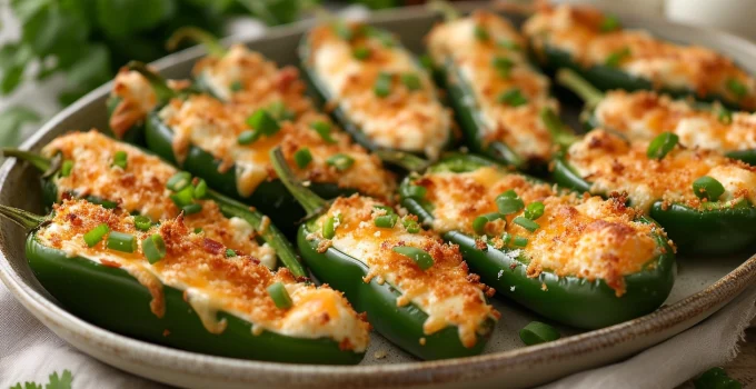 A tray of freshly baked jalapeno poppers filled with creamy cheese and wrapped in crispy bacon, served on a rustic wooden board, showcasing the golden-brown crust and vibrant green jalapenos peeking out.